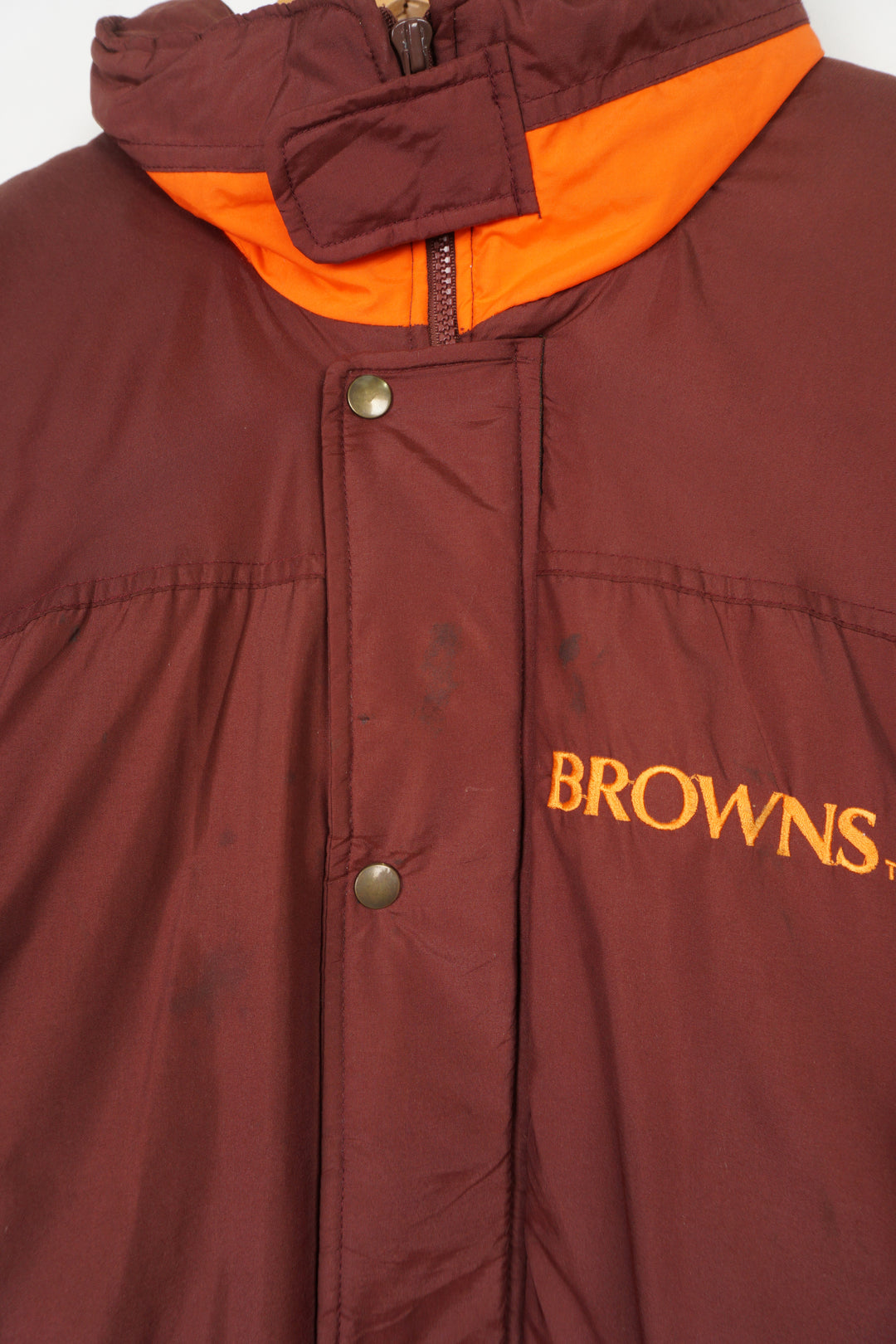 Vintage brown and orange Cleveland Browns NFL Gameday pro sport jacket with embroidered spell-out logos on the front and back