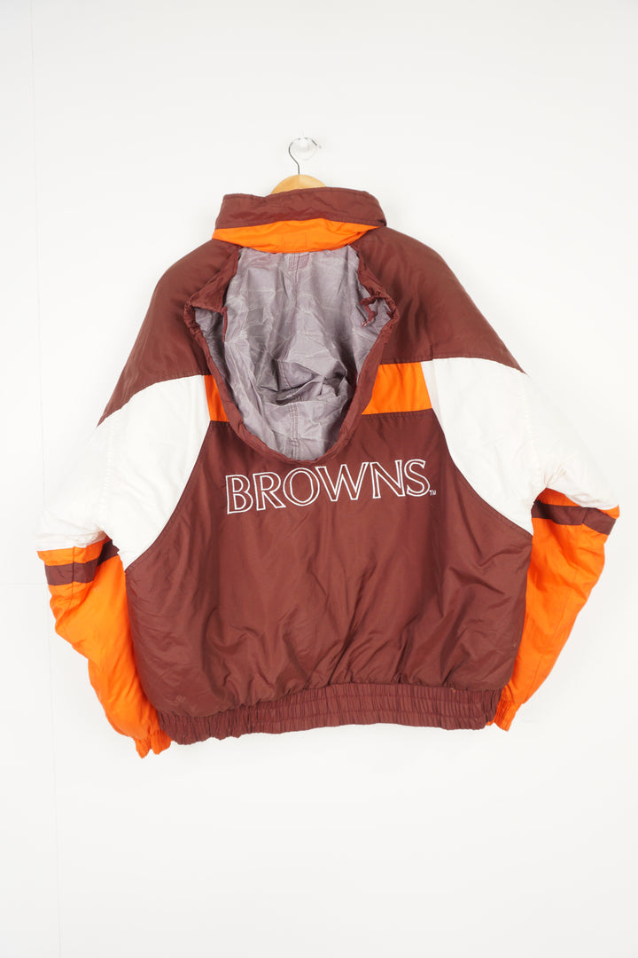 Vintage brown and orange Cleveland Browns NFL Gameday pro sport jacket with embroidered spell-out logos on the front and back