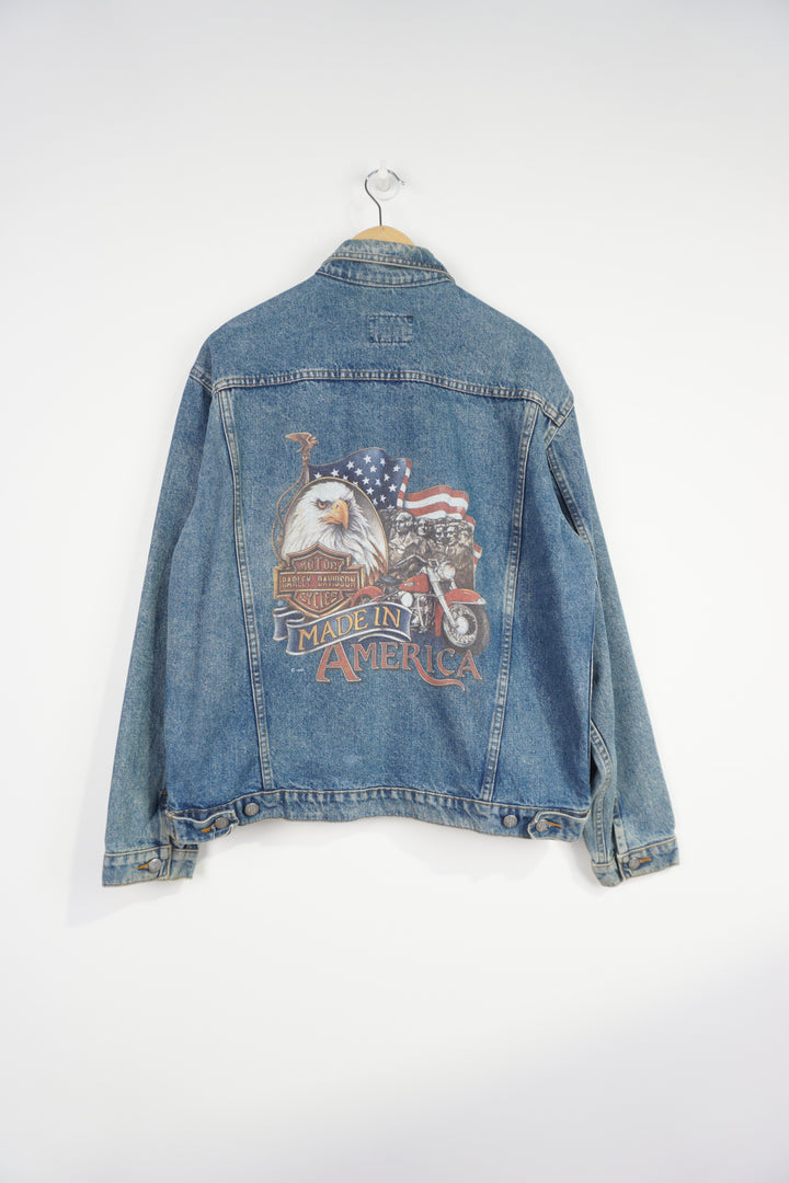 Vintage 1980's Harley Davidson Denim jacket features 'Made in America' Eagle graphic on the back