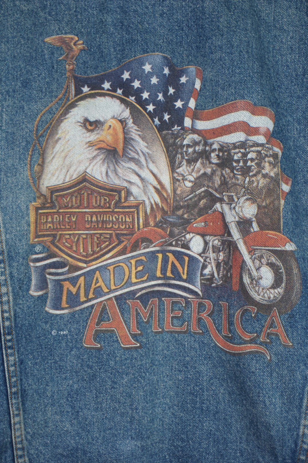 Vintage 1980's Harley Davidson Denim jacket features 'Made in America' Eagle graphic on the back