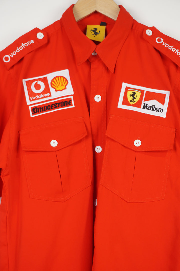 Vintage Formula One, Ferrari all red button up cotton shirt with embroidered badges and sponsors