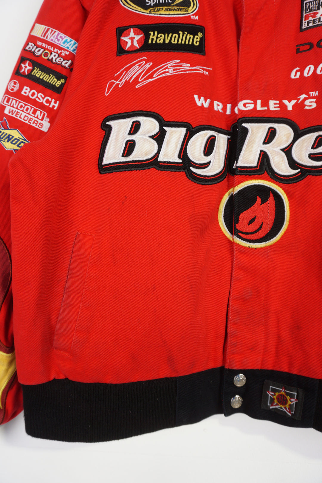 Vintage Wrigley's Big Red #42 cotton racing jacket by JH Design Group features embroidered flame details and sponsors all over 