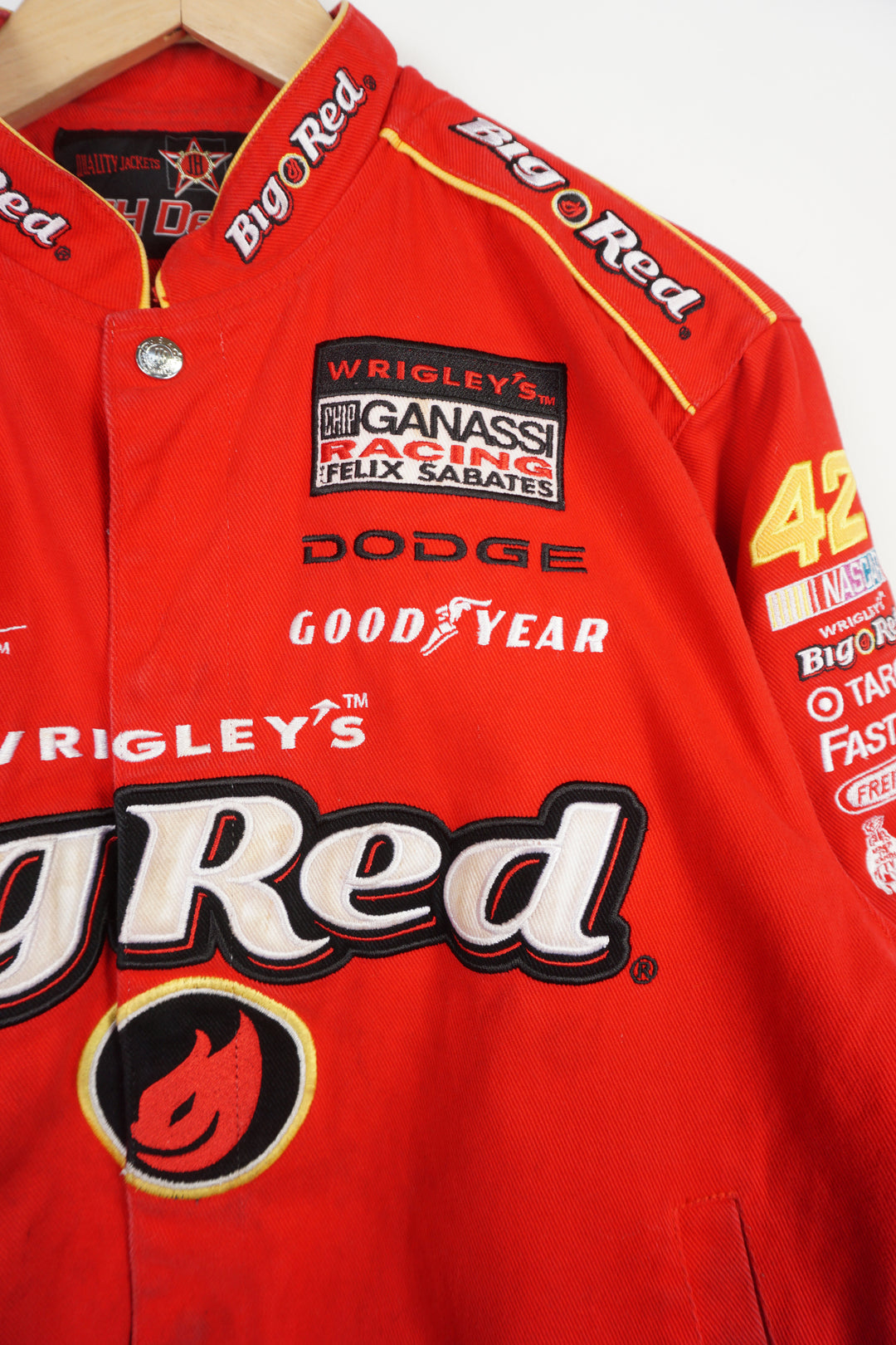 Vintage Wrigley's Big Red #42 cotton racing jacket by JH Design Group features embroidered flame details and sponsors all over 