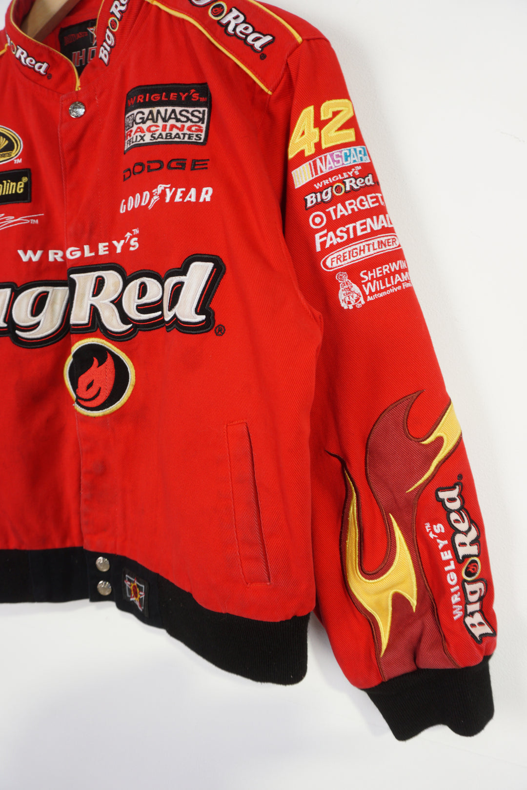 Vintage Wrigley's Big Red #42 cotton racing jacket by JH Design Group features embroidered flame details and sponsors all over 