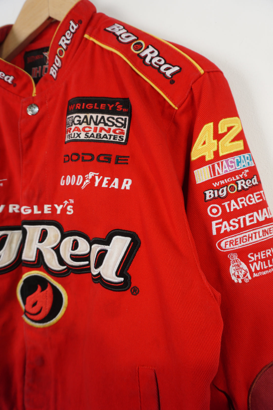 Vintage Wrigley's Big Red #42 cotton racing jacket by JH Design Group features embroidered flame details and sponsors all over 