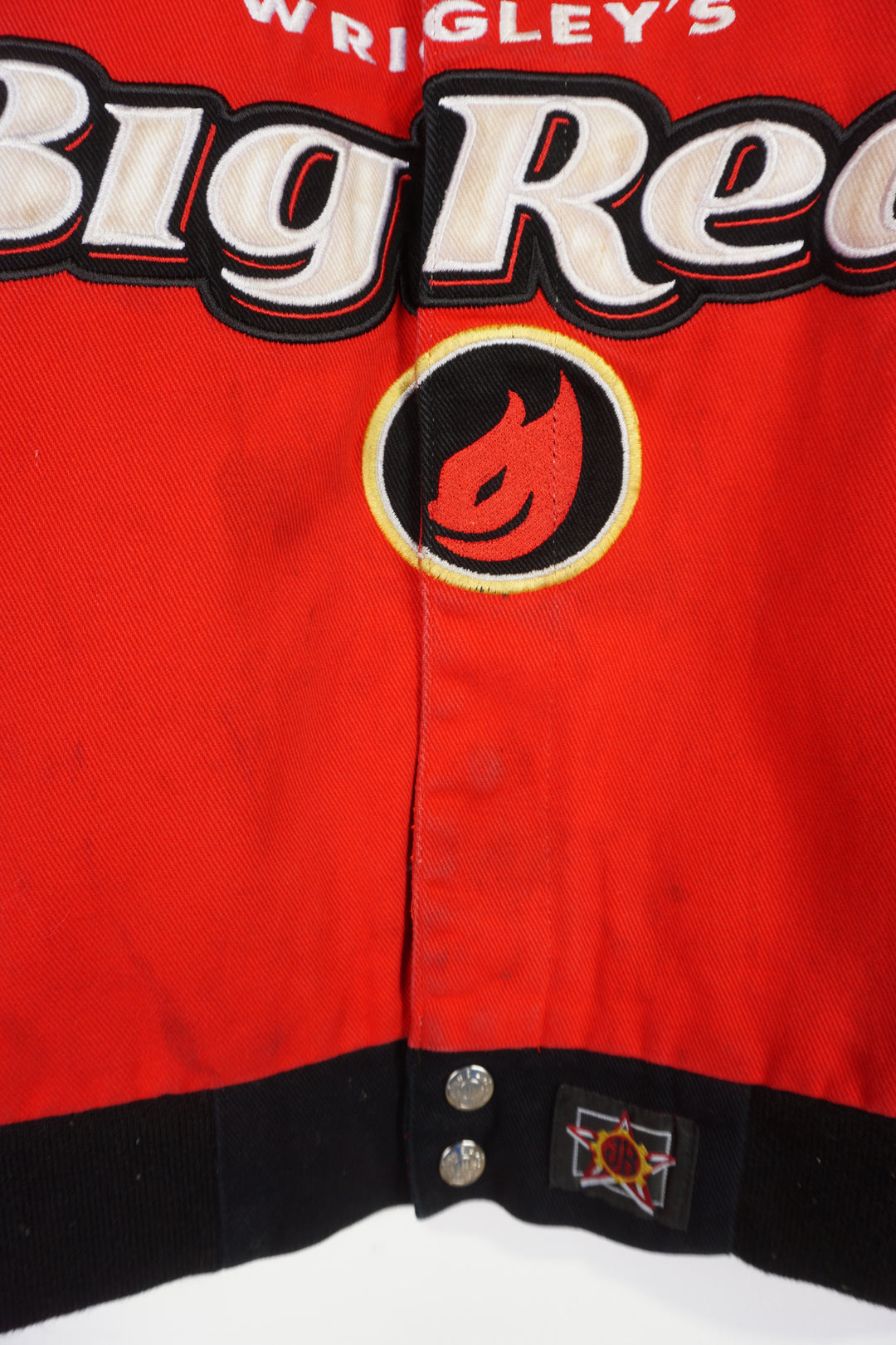 Vintage Wrigley's Big Red #42 cotton racing jacket by JH Design Group features embroidered flame details and sponsors all over 