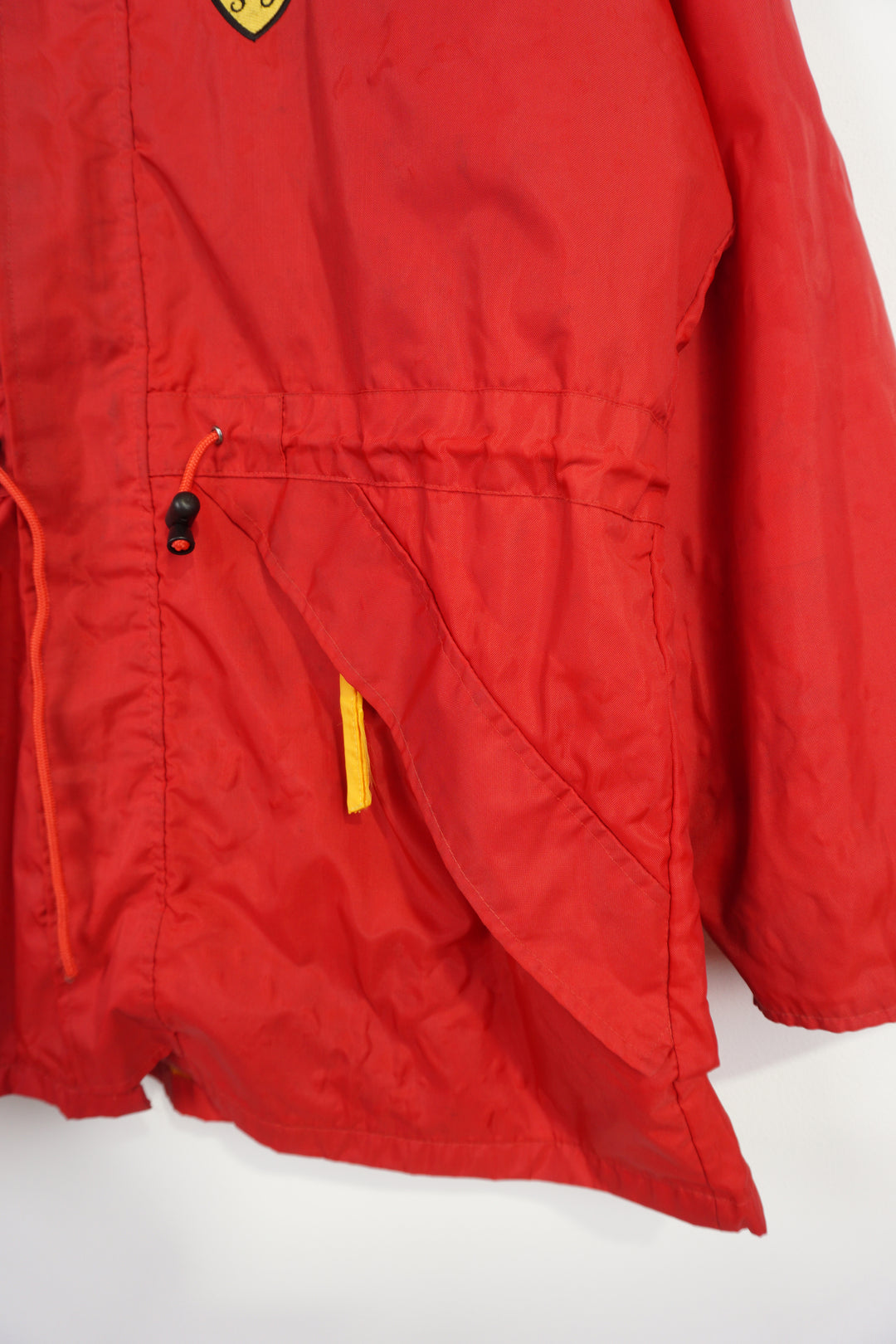 Rare vintage 1995 all red Ferrari zip through padded coat, features embroidered badge on the chest and collar