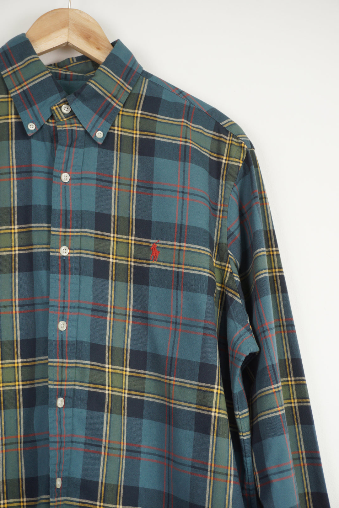 Ralph Lauren blue and green plaid, button up cotton with signature embroidered logo on the chest