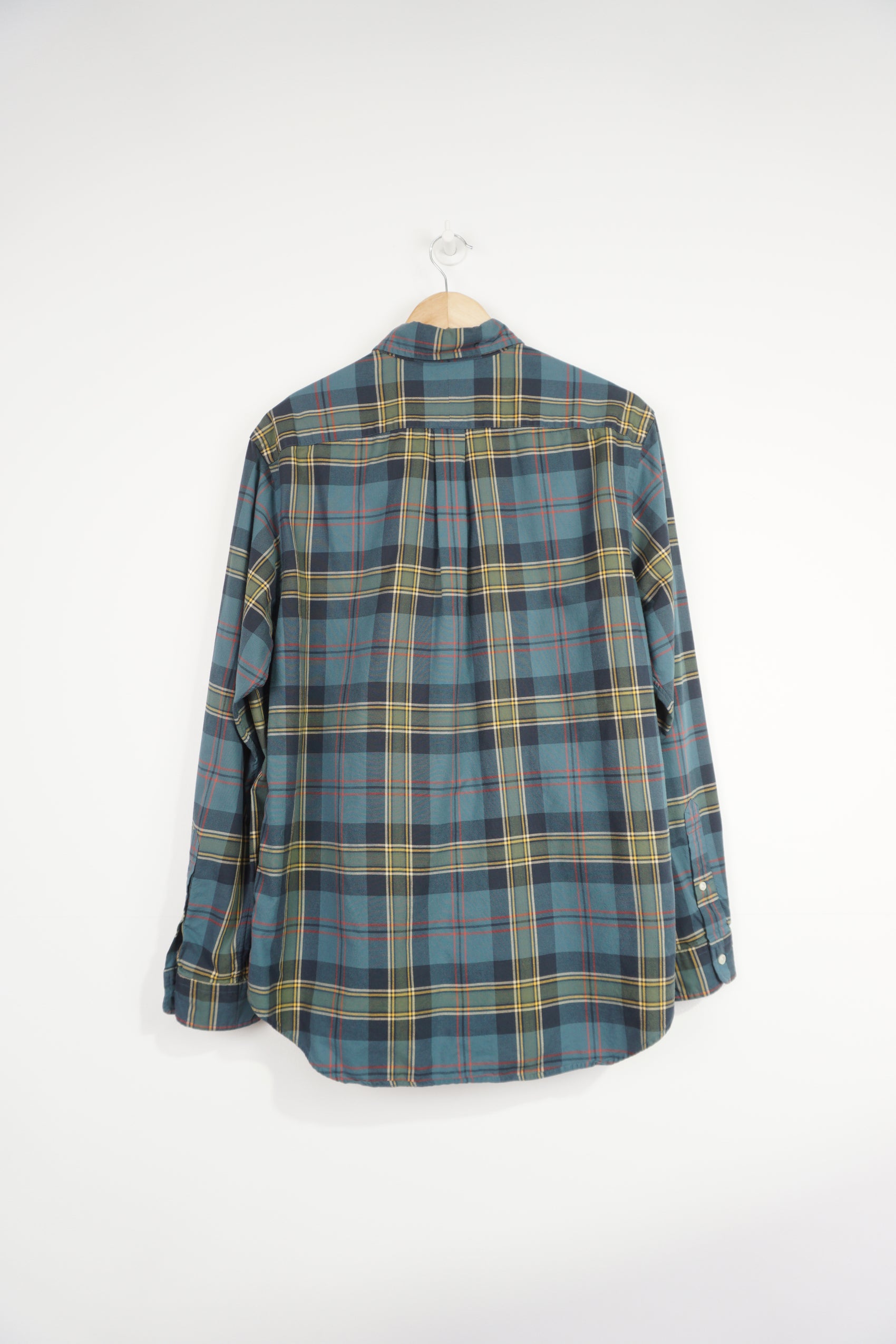 Ralph Lauren blue and green plaid, button up cotton with signature embroidered logo on the chest