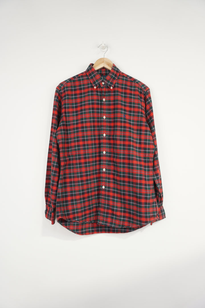 Ralph Lauren red plaid button up cotton shirt with signature embroidered logo on the chest