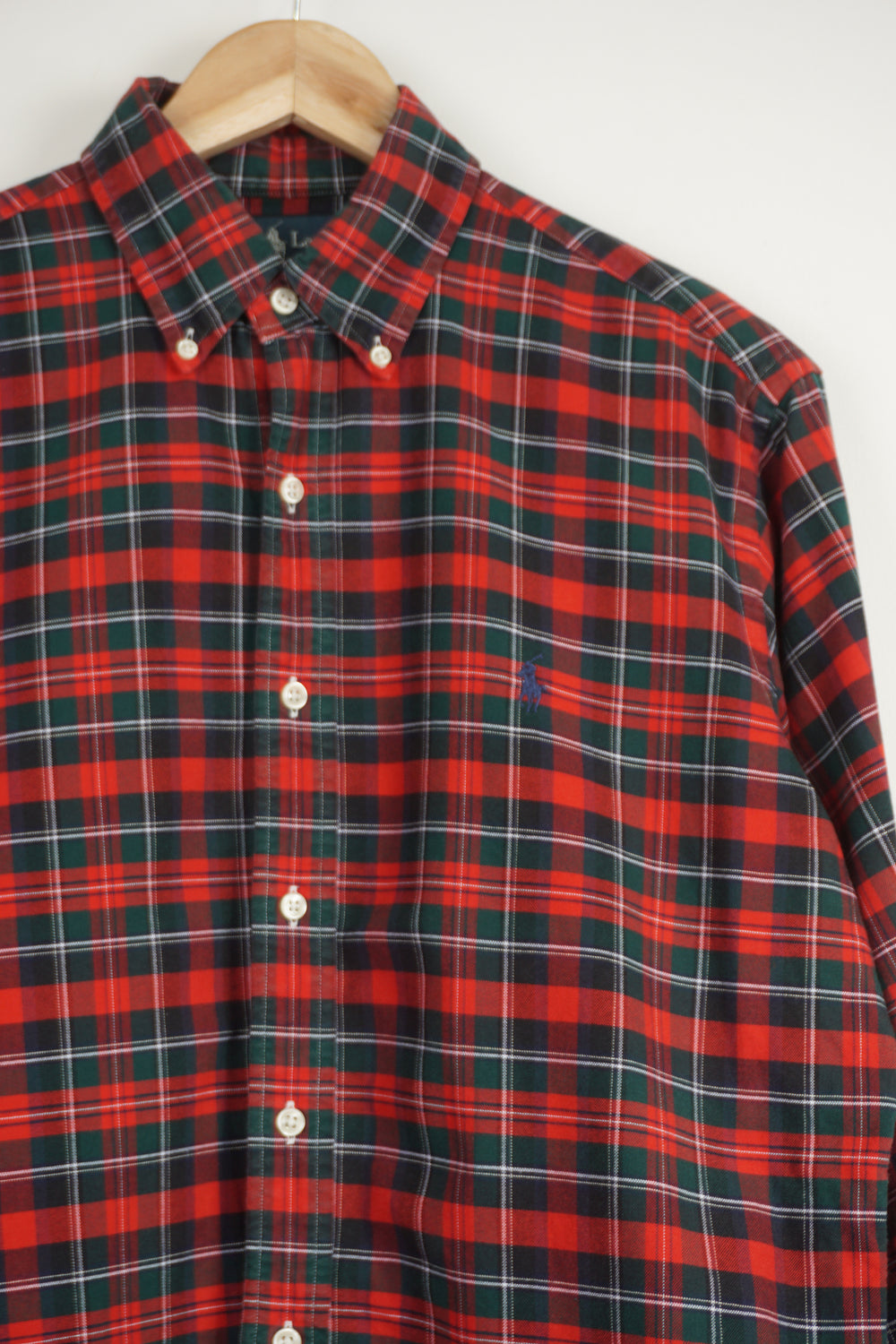 Ralph Lauren red plaid button up cotton shirt with signature embroidered logo on the chest