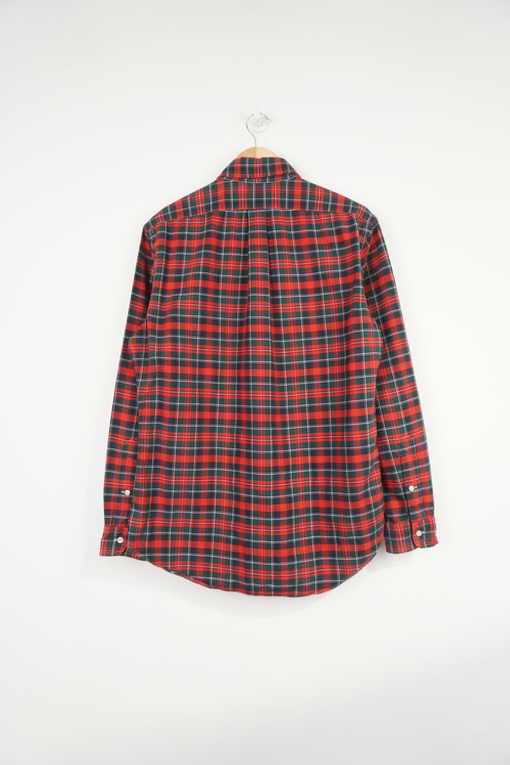 Ralph Lauren red plaid button up cotton shirt with signature embroidered logo on the chest