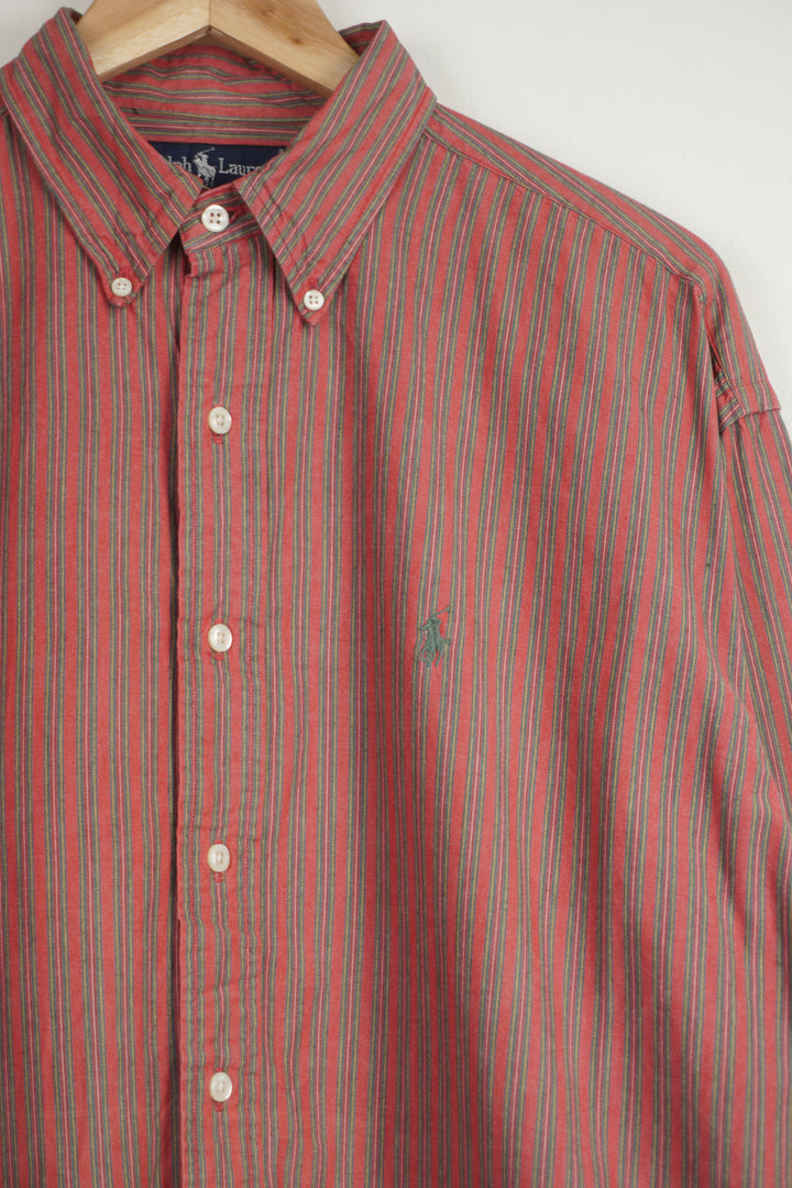 Ralph Lauren red and green striped, button up cotton shirt with signature embroidered logo on the chest