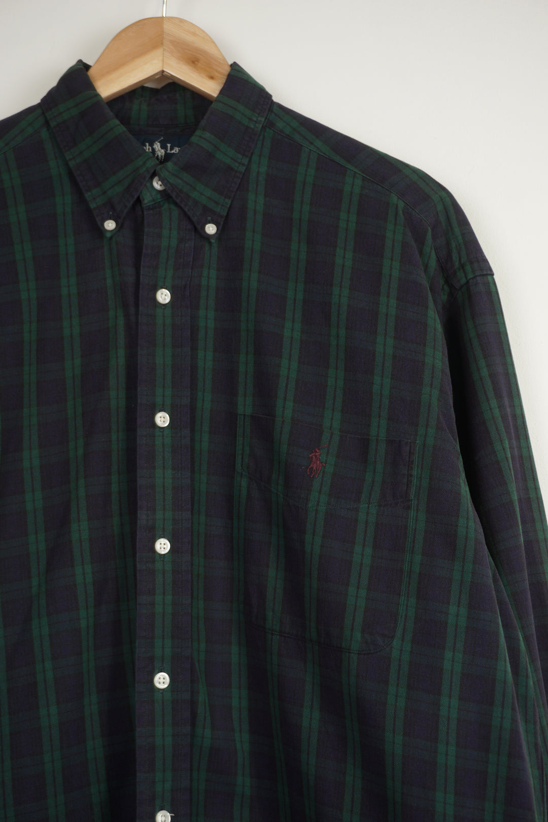 Ralph Lauren blue and green plaid, button up cotton 'big shirt' with signature embroidered logo on the chest