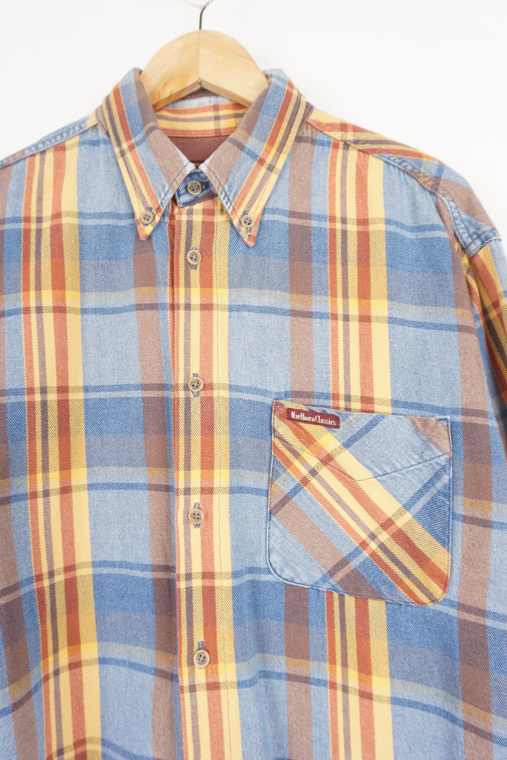 Marlboro Classic blue and tan large check button up shirt with embroidered logo on chest pocket