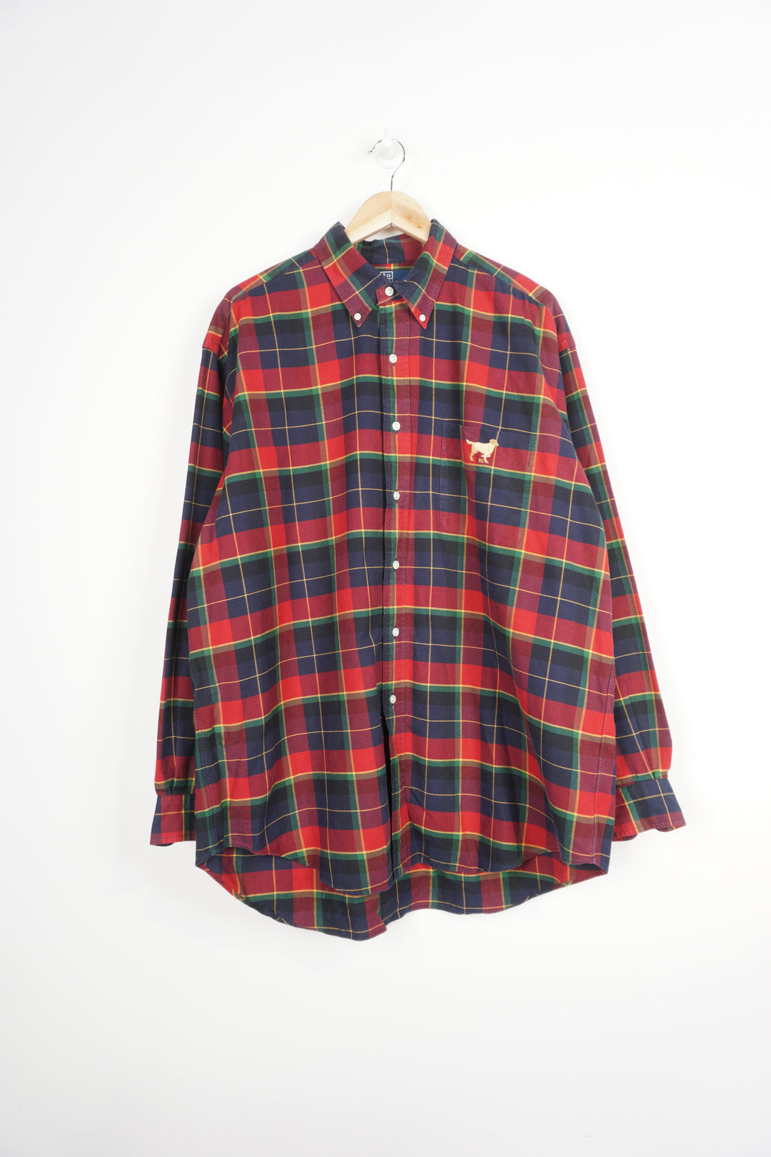 Ralph Lauren red plaid button up cotton shirt with signature embroidered logo on the chest