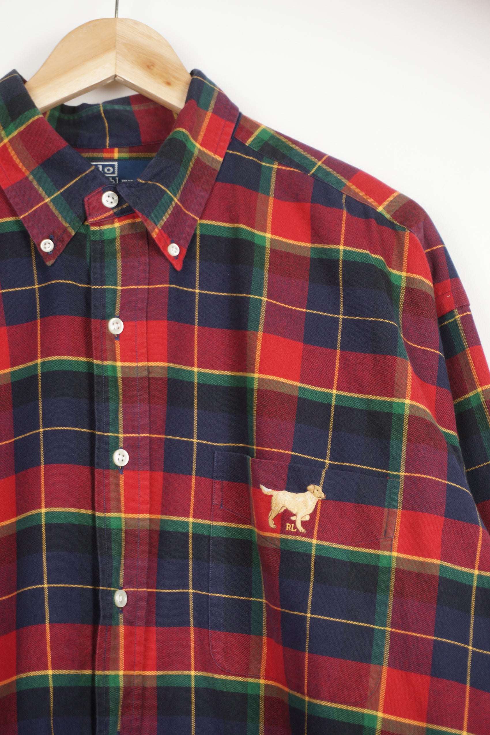 Ralph Lauren red plaid button up cotton shirt with signature embroidered logo on the chest