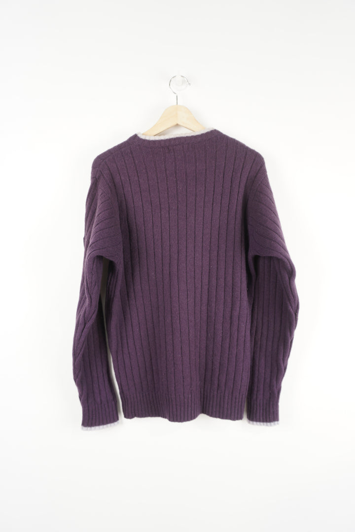 Vintage Fred Perry purple knitted crew neck jumper features embroidered logo on the sleeve