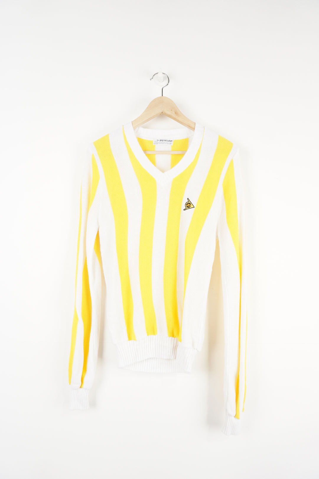 Vintage 80's Made in England Dunlop yellow and white striped, knitted jumper features embroidered logo on the chest