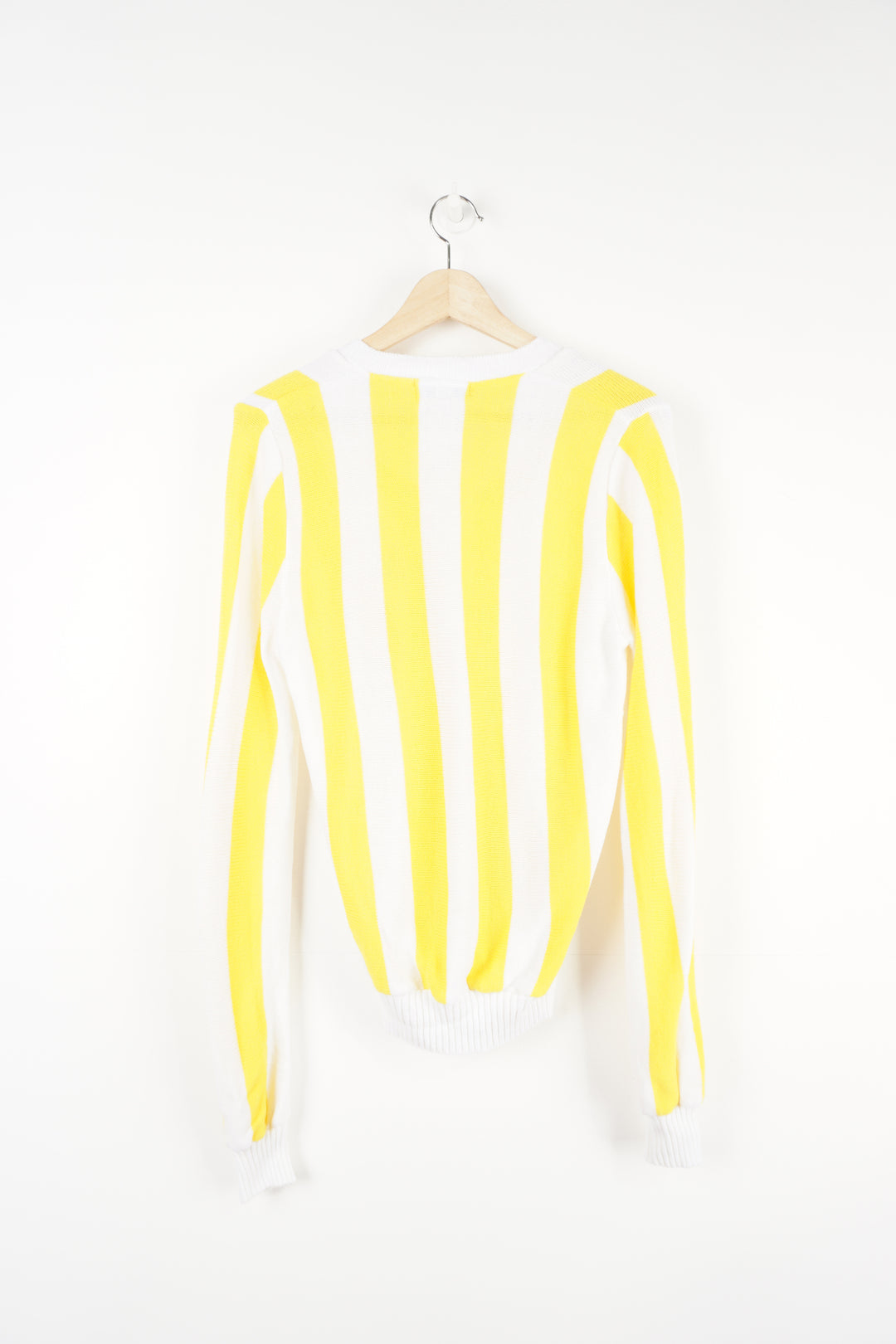 Vintage 80's Made in England Dunlop yellow and white striped, knitted jumper features embroidered logo on the chest