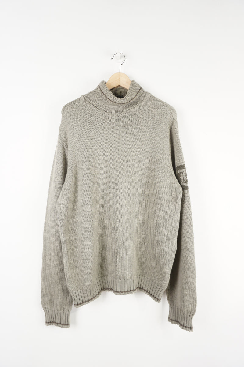 Diesel khaki green roll neck knitted jumper features signature logo on the shoulder 