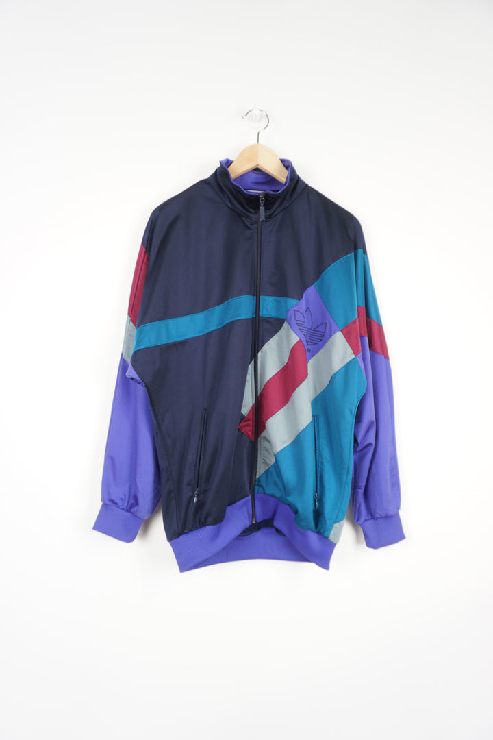 Vintage 1990s Adidas blue, red and purple, colour block full zip satin tracksuit top. With embroidered logo on the chest