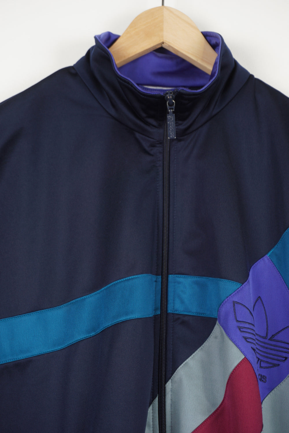 Vintage 1990s Adidas blue, red and purple, colour block full zip satin tracksuit top. With embroidered logo on the chest