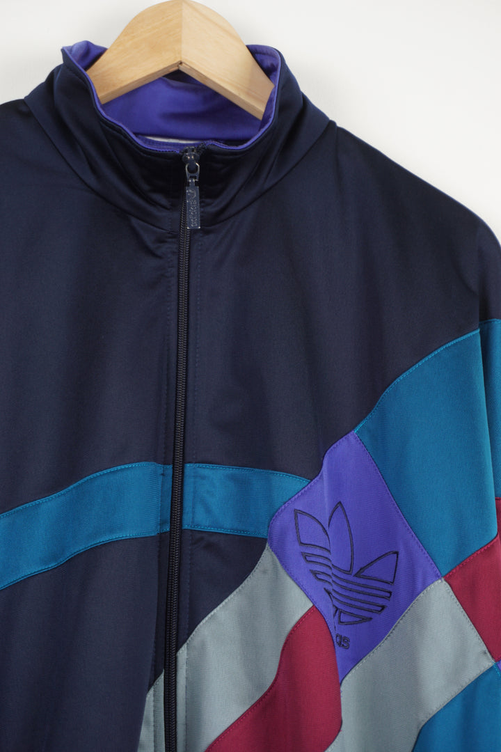 Vintage 1990s Adidas blue, red and purple, colour block full zip satin tracksuit top. With embroidered logo on the chest