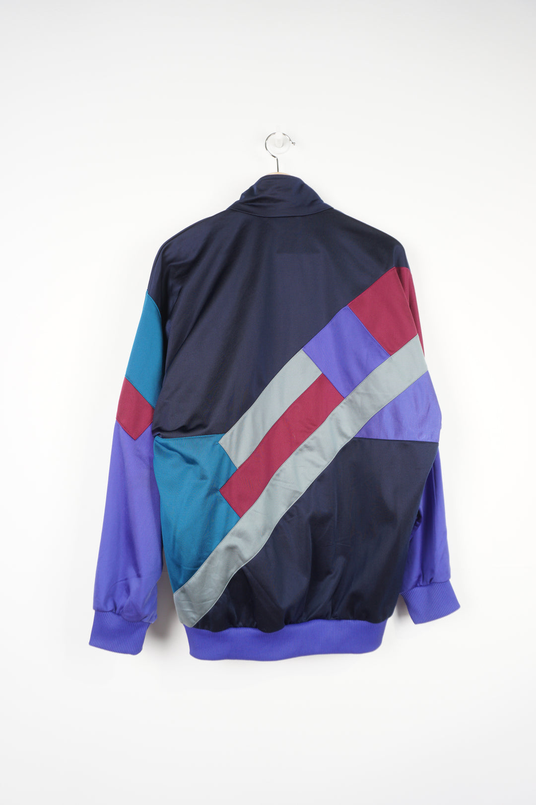 Vintage 1990s Adidas blue, red and purple, colour block full zip satin tracksuit top. With embroidered logo on the chest