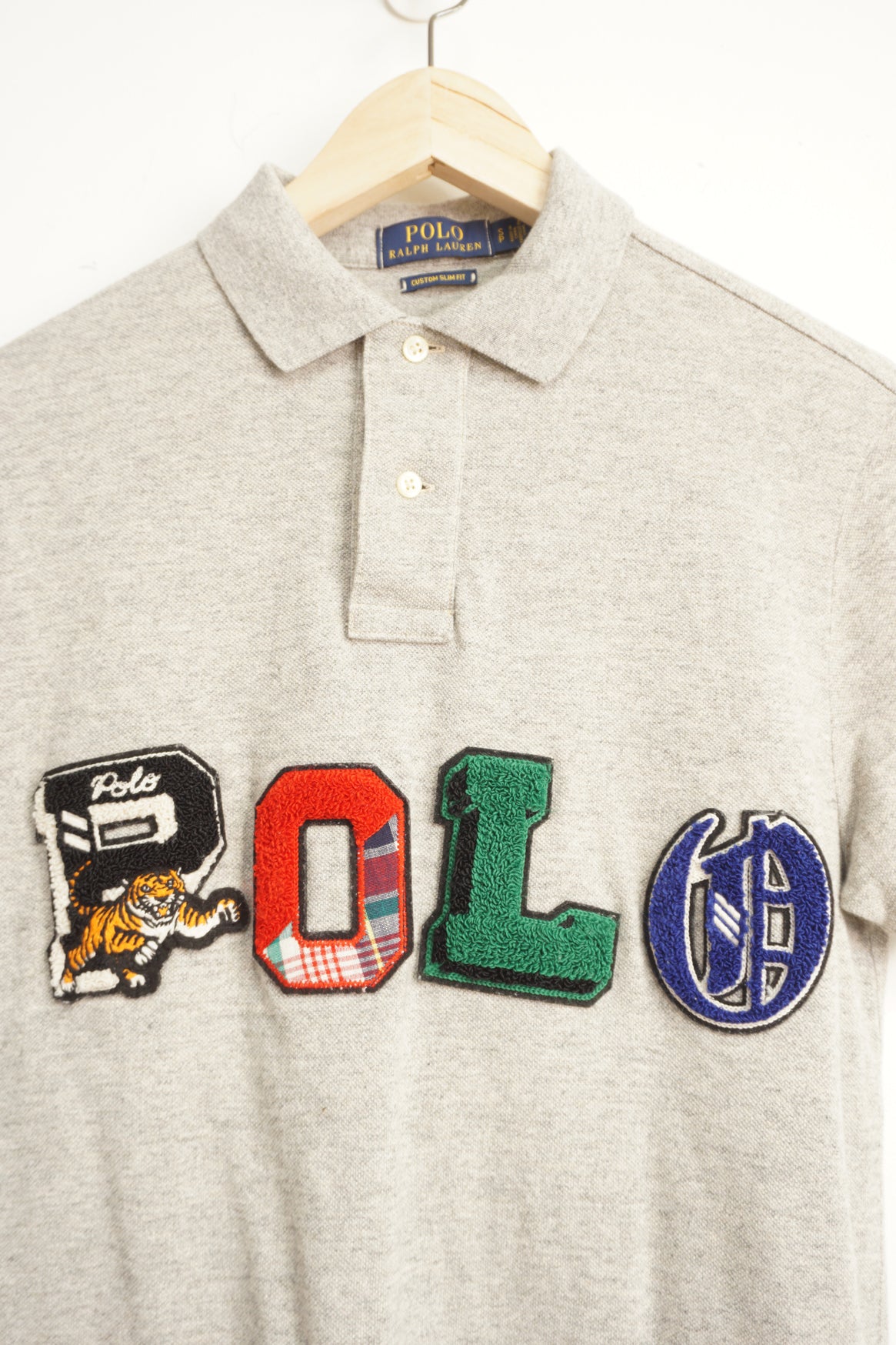 Vintage Ralph Lauren grey polo shirt with embroidered logo 3D spell out logo across the chest 