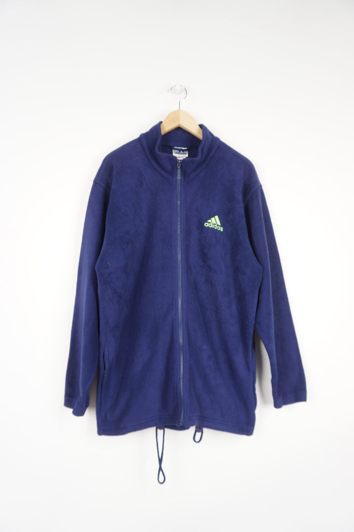 Vintage Adidas zip through blue fleece features embroidered logo on the chest and back