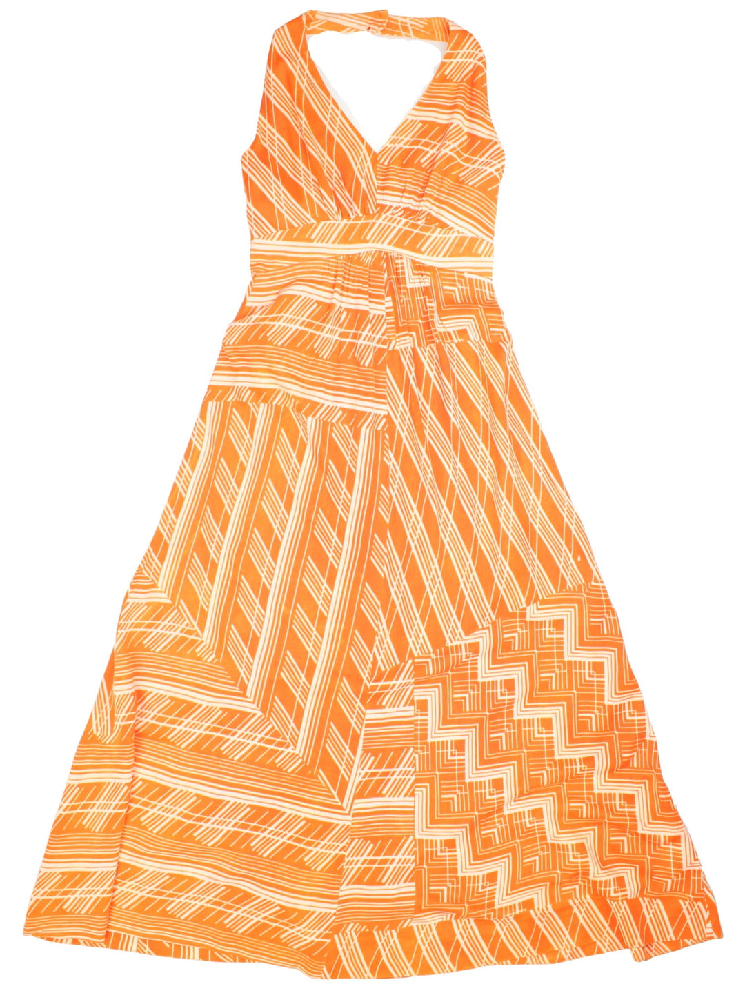 Vintage 70's Maxi Dress in orange colourway with white pattern and halter neck fastening.