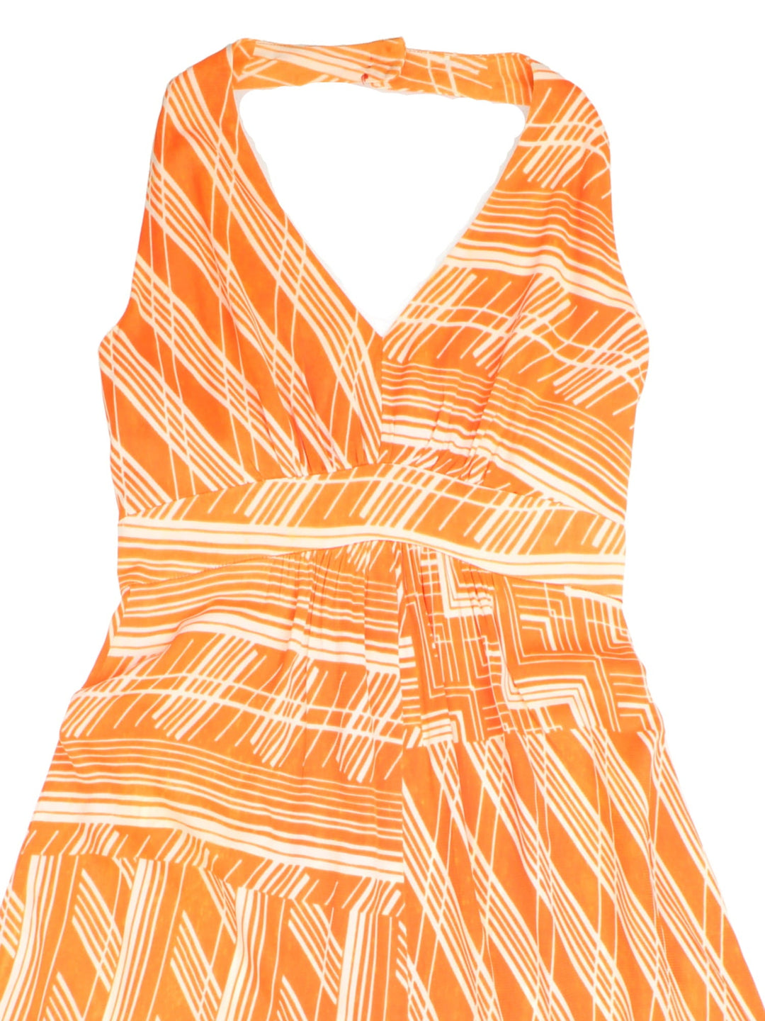 Vintage 70's Maxi Dress in orange colourway with white pattern and halter neck fastening.