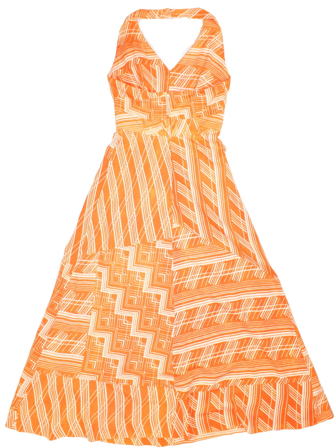 Vintage 70's Maxi Dress in orange colourway with white pattern and halter neck fastening.