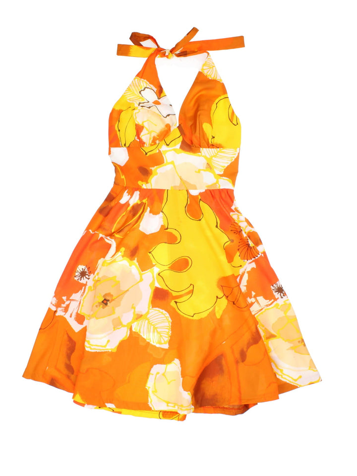 Vintage Floral Dress in orange colourway with contrast floral pattern. Halter neck fastening, zip and back bow.