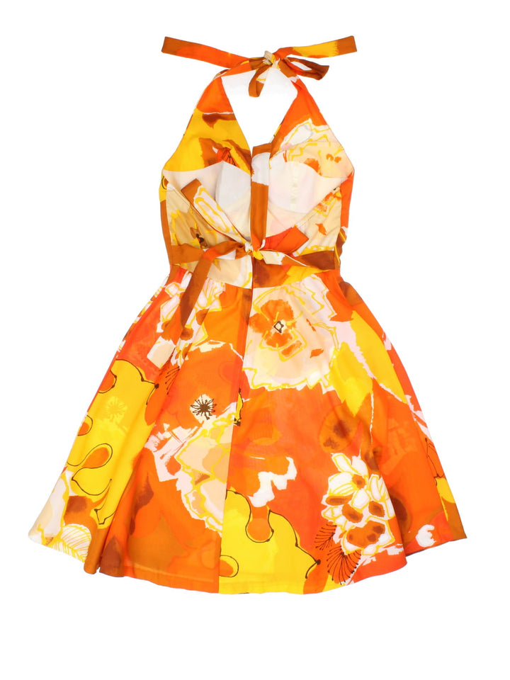 Vintage Floral Dress in orange colourway with contrast floral pattern. Halter neck fastening, zip and back bow.