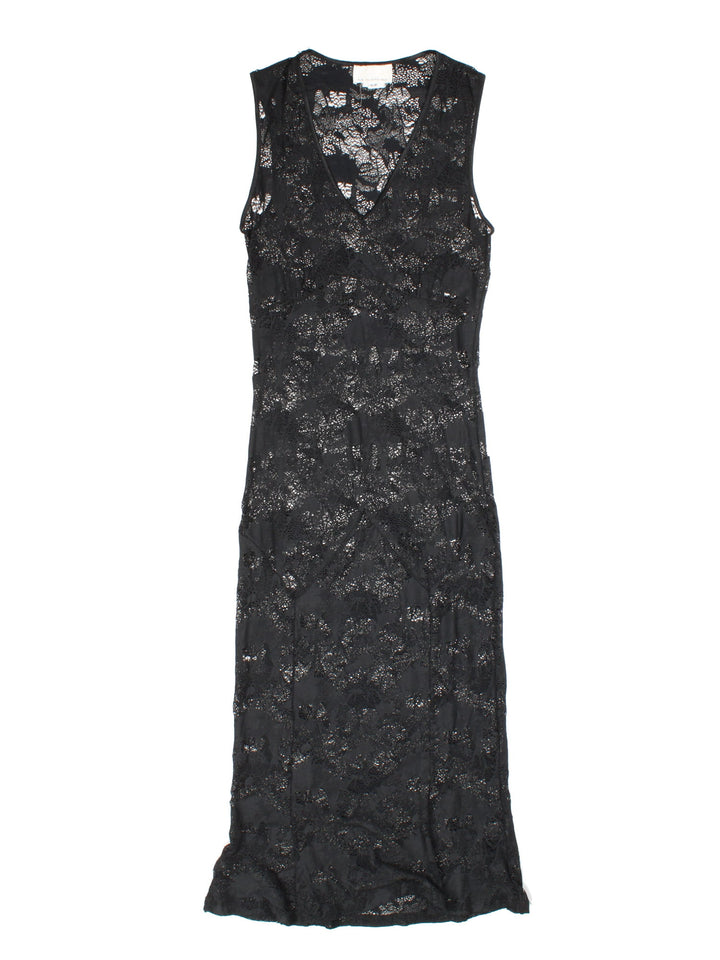 Vintage Y2K Lace Maxi Dress in black colourway, with v neck and panelled seem detail.