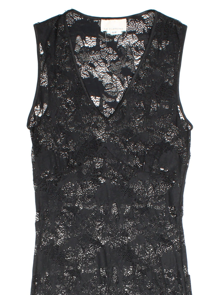 Vintage Y2K Lace Maxi Dress in black colourway, with v neck and panelled seem detail.