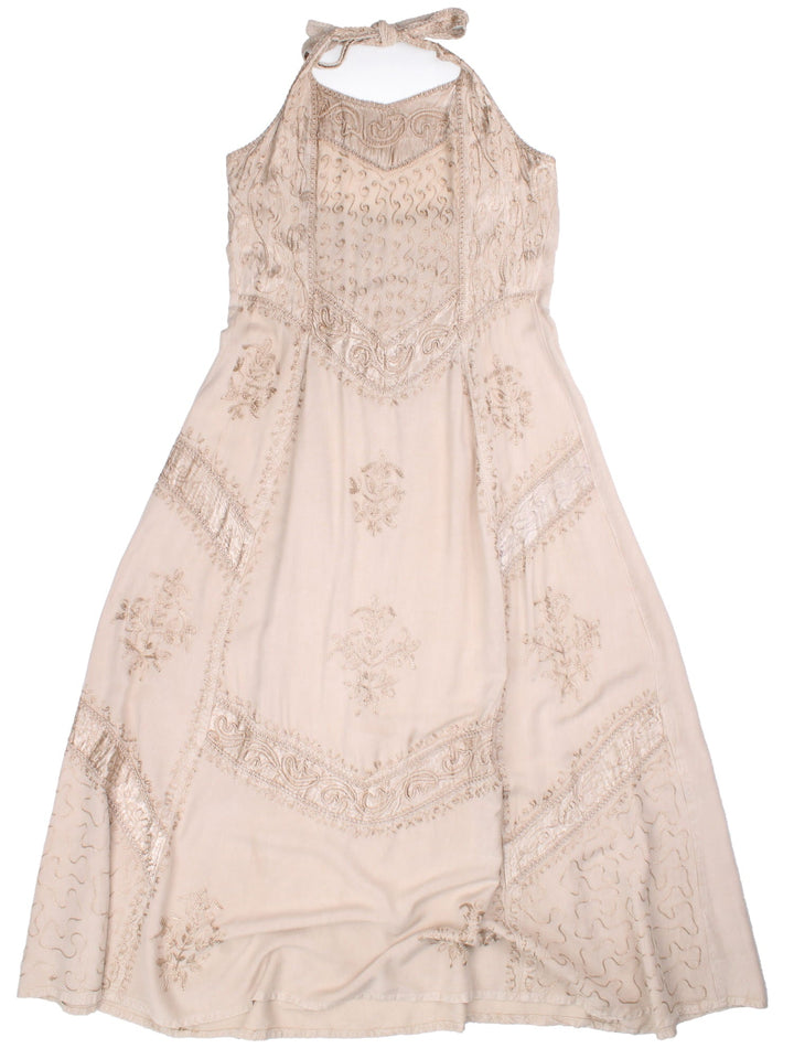 Vintage Halter Neck Maxi Dress in tan colourway, with embroidered detail.