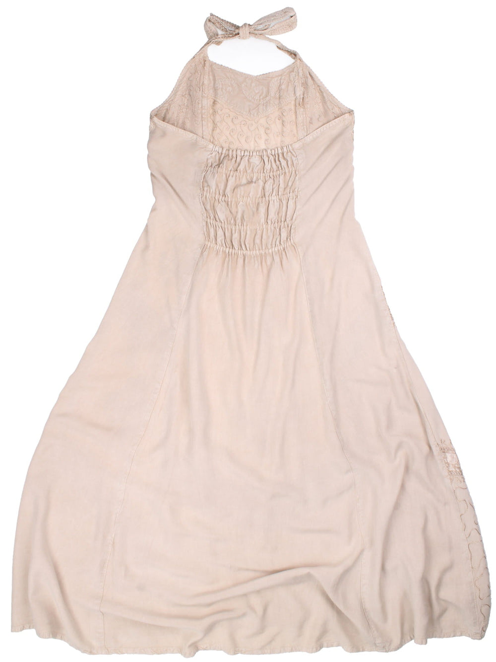 Vintage Halter Neck Maxi Dress in tan colourway, with embroidered detail.