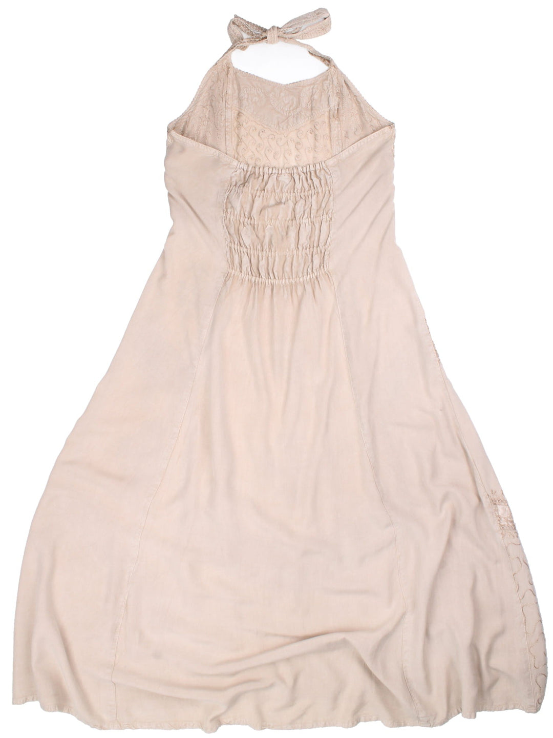 Vintage Halter Neck Maxi Dress in tan colourway, with embroidered detail.