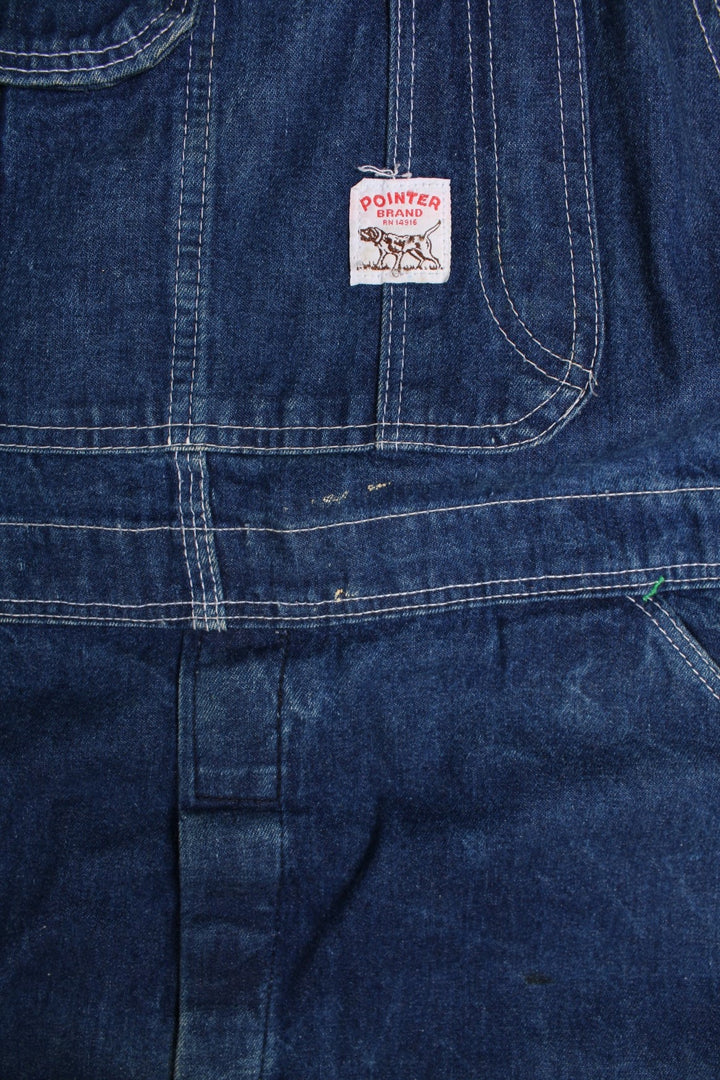 Vintage Pointer dungarees with contrast stitching, multiple pockets, a hammer loop, and logos on the front and back.