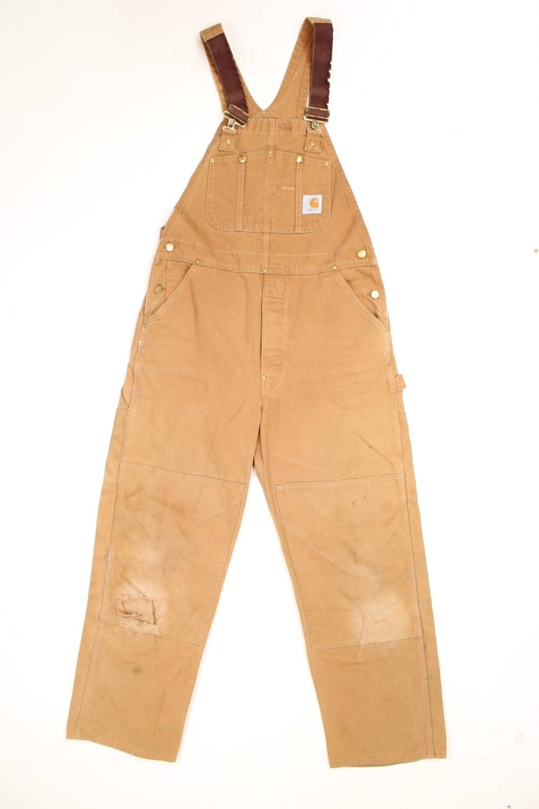 Carhartt double knee overalls/dungarees. Features multiple pockets and embroidered logo. 