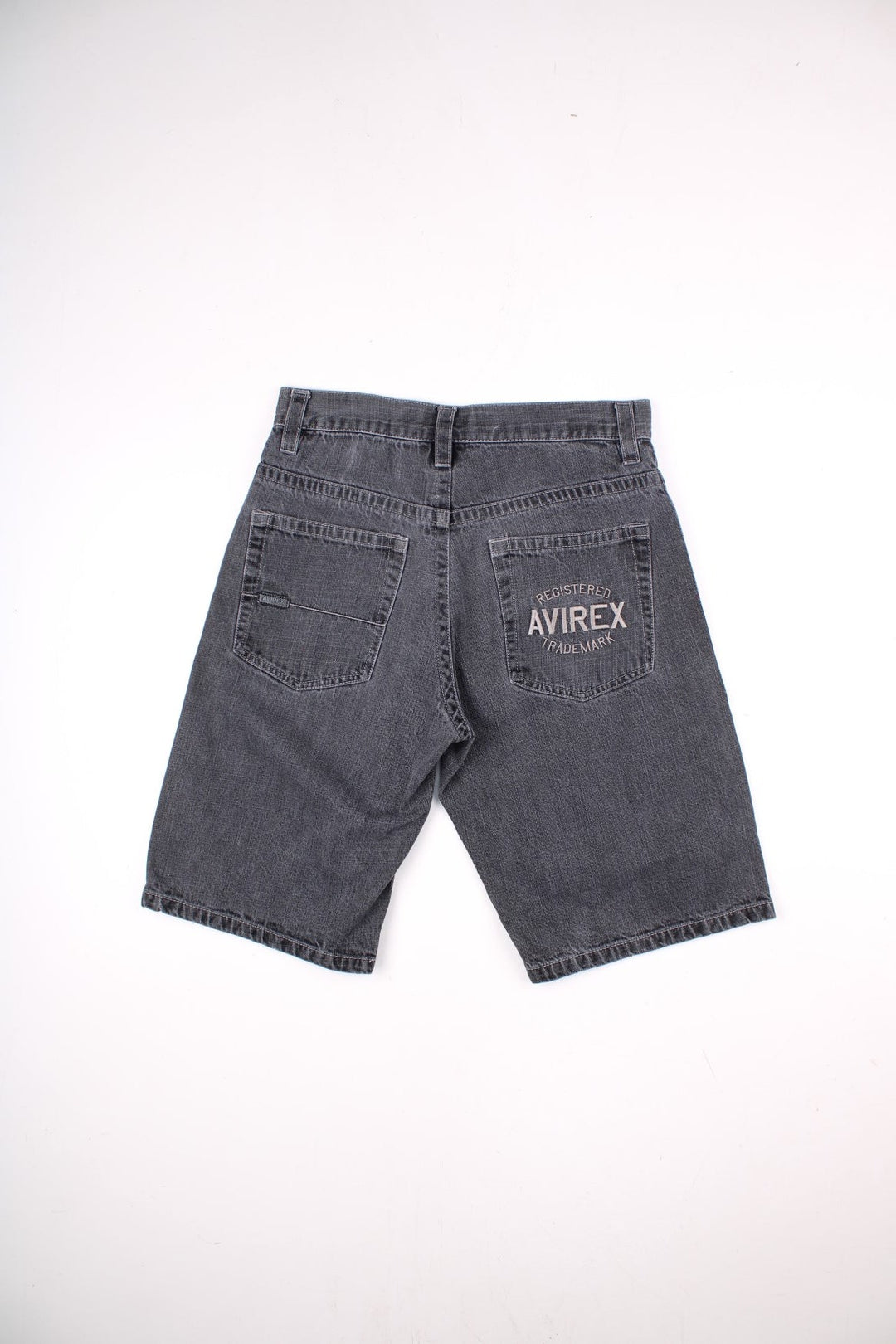 Avirex shorts in grey with multiple pockets, zip and button closure, and logos on both back pockets.