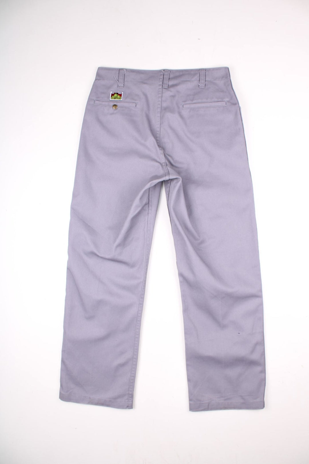 Ben Davis work  trousers in grey with multiple pockets, zip and button closure, and a logo patch on the back.