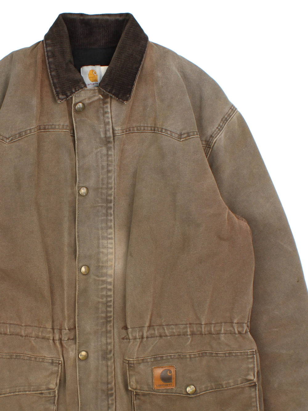 Carhartt Barn Chore Jacket in a brown colourway. Zip and button up with side pockets, corduroy collar, and has the logo embroidered on the front.