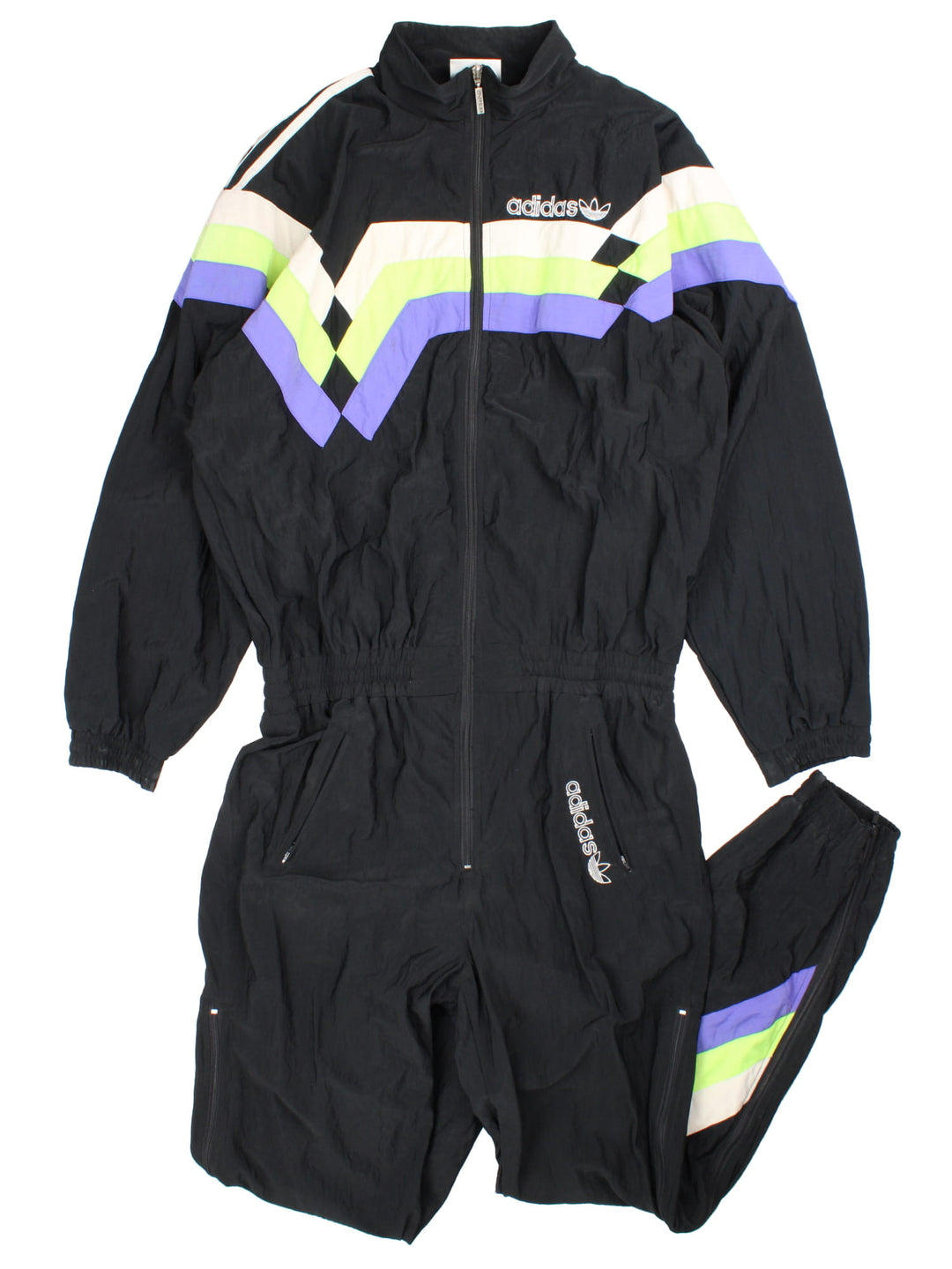 Black Adidas zip through belted one piece ski suit, with embroidered logo on the front and back