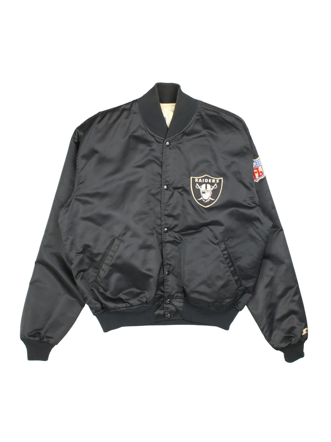 80s Los Angeles Raiders NFL Starter jacket in black with snap closure, two pockets, and embroidered team and NFL logos on the front, back, and sleeve.