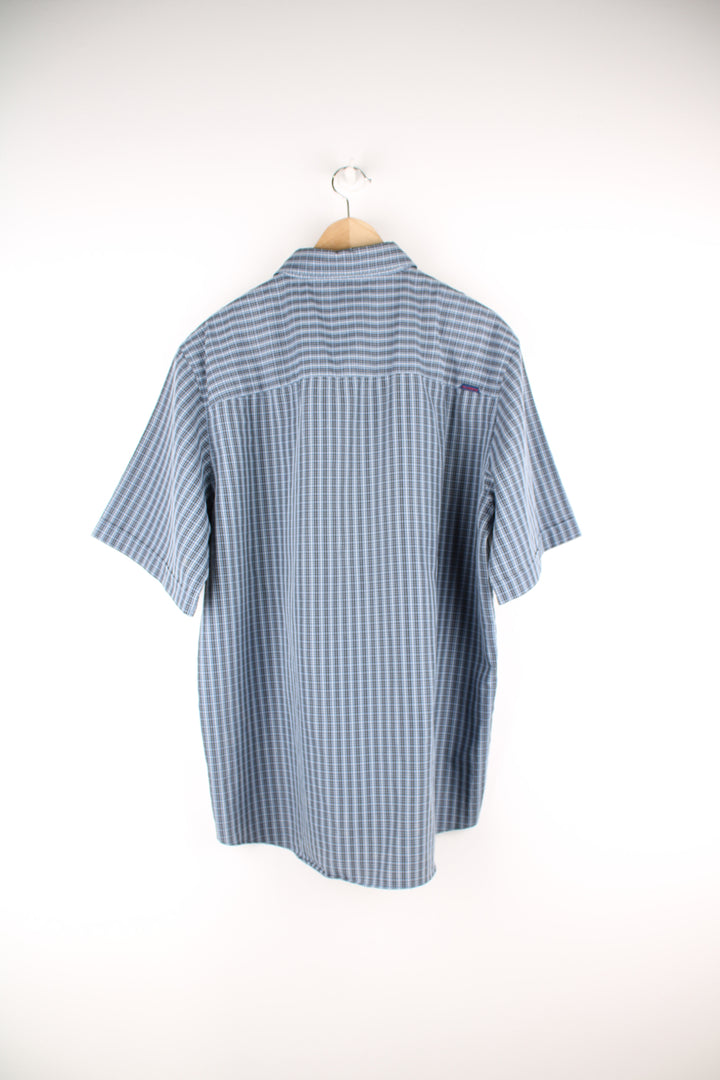 Billabong short sleeved cotton shirt in blue tone plaid, button up with chest pocket.