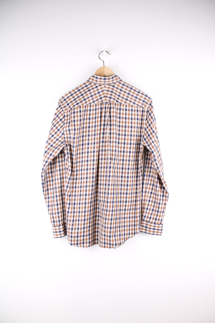 Vintage Aquascutum brown and tan plaid button up shirt with chest pocket